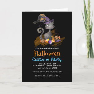 Watercolor Black Cat with candies, Halloween Invitation