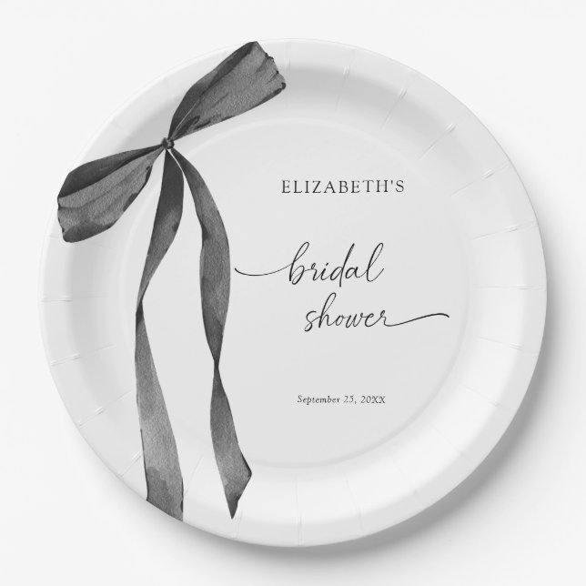 Watercolor Black Coquette Bow Bridal Shower Paper Plate (Front)