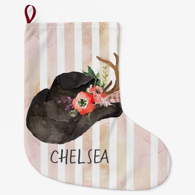 Watercolor Black Cowboy Hat  Personalized Large Christmas Stocking (Front)