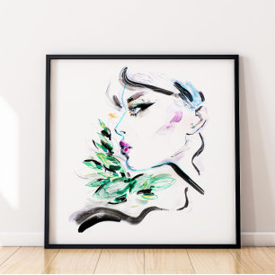 Watercolor Black Green Fashion Painting Floral  Poster