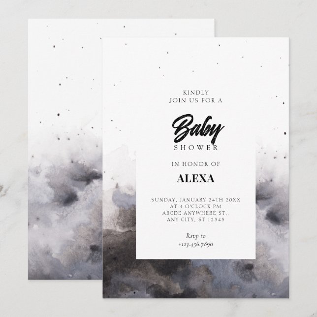 Watercolor Black grey fog baby shower  Invitation (Front/Back)