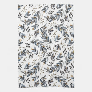 Watercolor Black Grey Tan Leaves and Berries Kitchen Towel