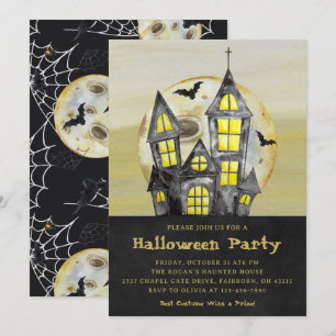Watercolor Black Haunted House Halloween Party Invitation