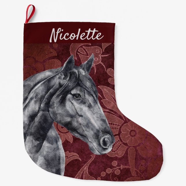 Watercolor Black Horse Personalized Large Christmas Stocking (Front)
