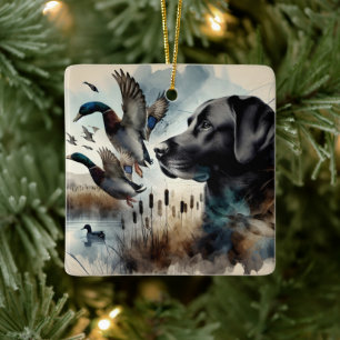 Watercolor Black Labrador And Ducks Ceramic Ornament