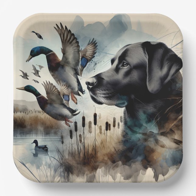Watercolor Black Labrador And Ducks Paper Plate (Front)