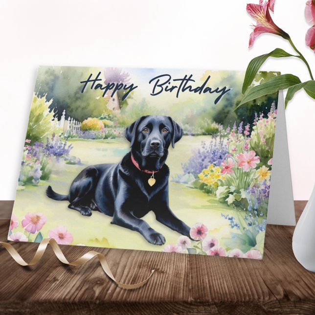 Watercolor Black Labrador Dog Happy Birthday Card (A birthday card with illustration of a black labrador in a watercolor style)