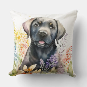 Watercolor Black Labrador Retriever and Flowers Throw Pillow