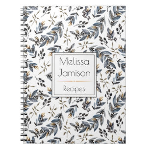 Watercolor Black Leaves Berries Monogram Recipe   Notebook