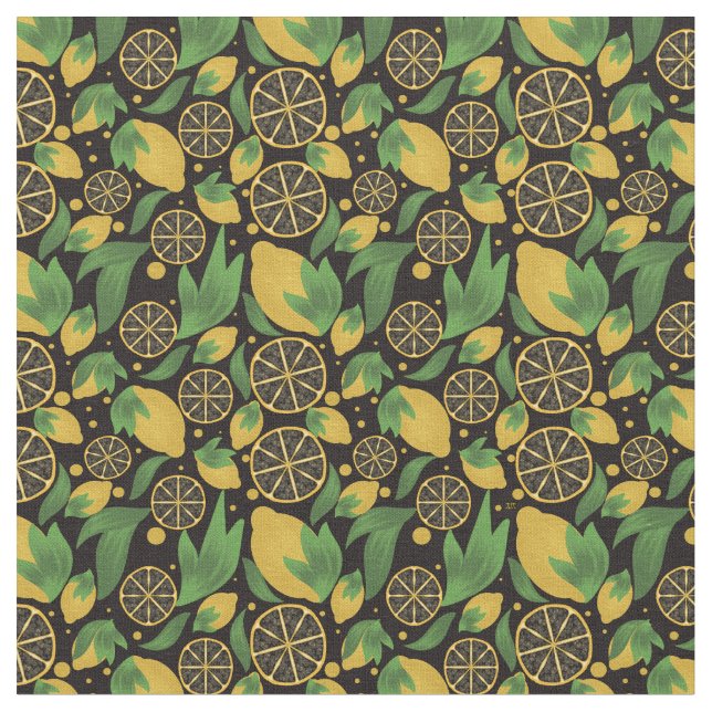 Watercolor Black Lemon Fruit Pattern  Fabric (Close Up)