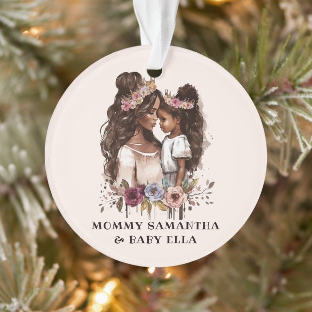 Watercolor Black Mom and Daughter (1) Ornament (Tree)