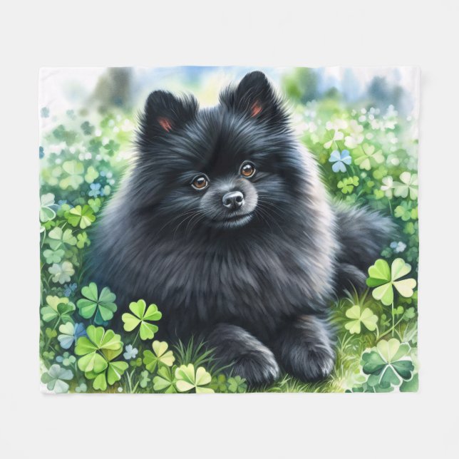 Watercolor Black Pomeranian Green Shamrock Field Fleece Blanket (Front (Horizontal))
