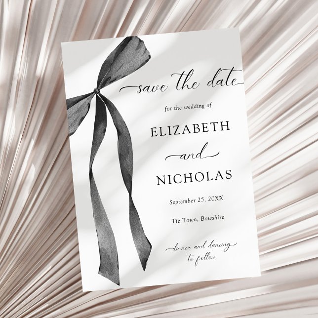 Watercolor Black Ribbon Bow Wedding Save The Date Invitation (Creator Uploaded)