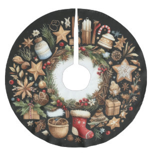 Watercolor Black Rustic Christmas Motifs Holiday Brushed Polyester Tree Skirt