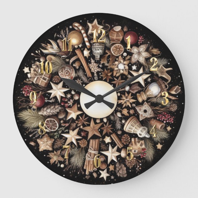 Watercolor Black Rustic Christmas Motifs Holiday Large Clock (Front)
