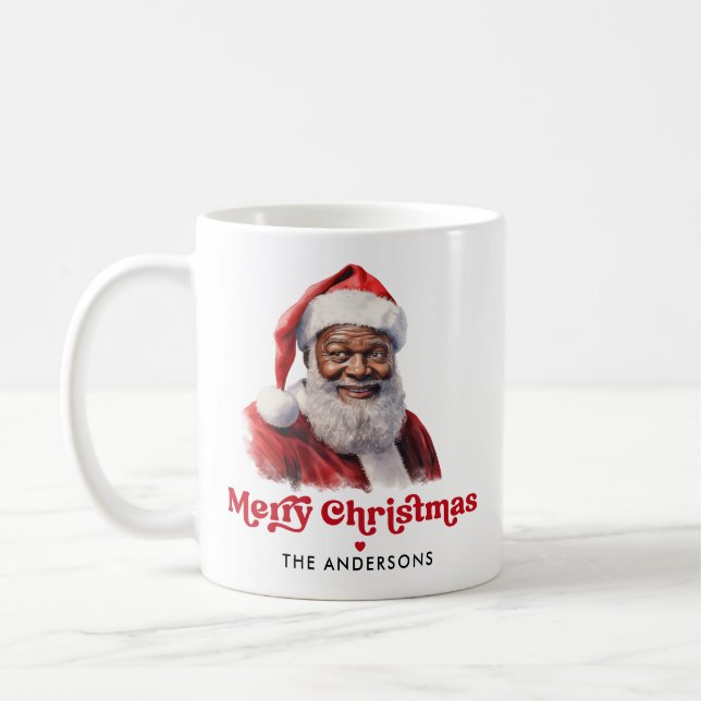 Watercolor Black Santa Merry Christmas Coffee Mug (Left)