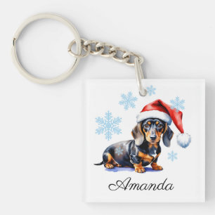 Watercolor Black & Tan Dachshund Christmas Dog Keychain