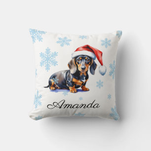 Watercolor Black & Tan Dachshund Christmas Dog Throw Pillow