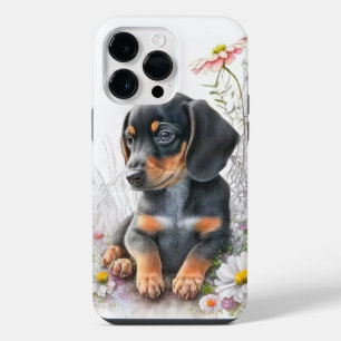 WATERCOLOR BLACK & TAN DACHSHUND PUPPY DOG iPhone 14 PRO MAX CASE