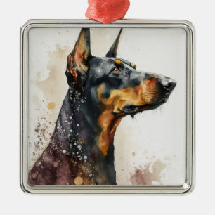 WATERCOLOR BLACK & TAN DOBERMAN PINSCHER DOG METAL ORNAMENT