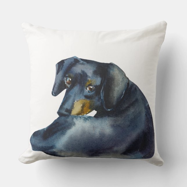 WATERCOLOR BLACK & TAN SMOOTH DACHSHUND DOG THROW PILLOW (Front)