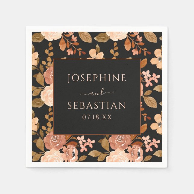 Watercolor Black Terracotta Floral Fall Wedding  Napkin (Front)