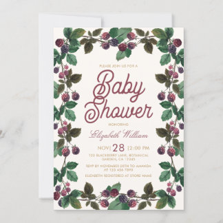 Watercolor Blackberries Girl Baby Shower Invitation