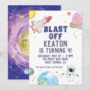 Watercolor Blast Off Space Birthday Invitation