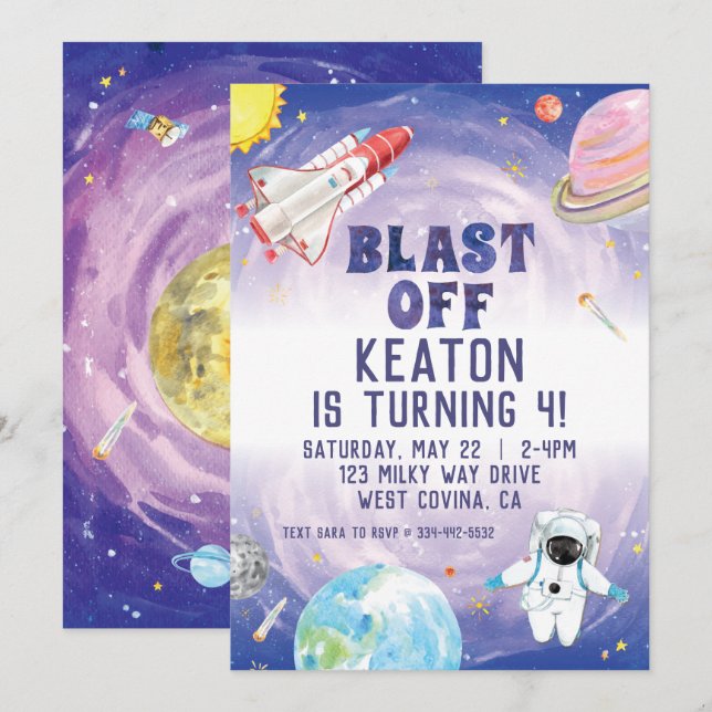 Watercolor Blast Off Space Birthday Invitation (Front/Back)