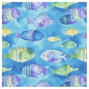 "Watercolor Bleu and Pink Fish Underwater Seamless Fabric