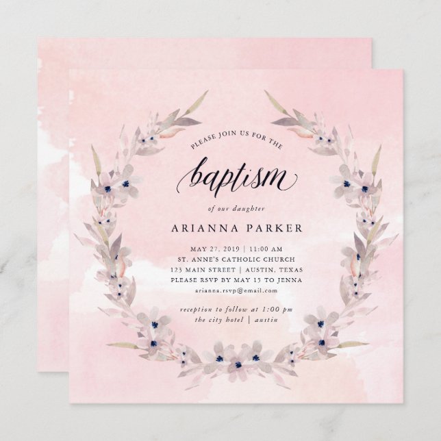 Watercolor Bliss | Blush Pink Floral Baptism Invitation (Front/Back)