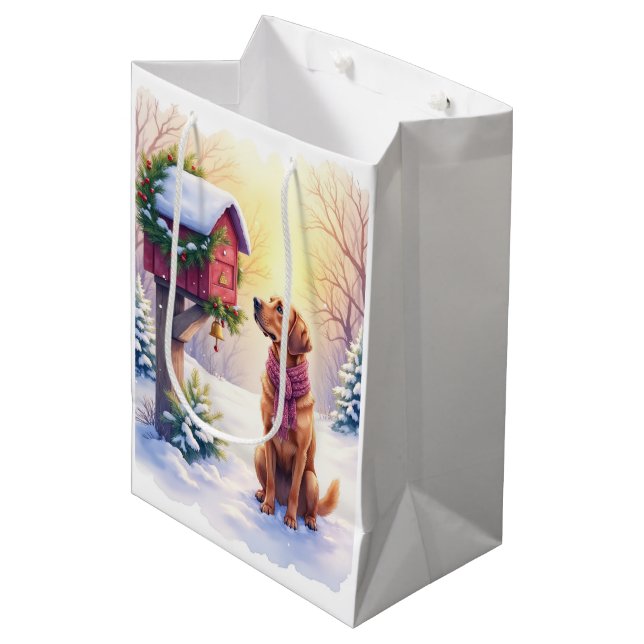 Watercolor Bloodhound Country Mailbox Christmas Medium Gift Bag (Front Angled)
