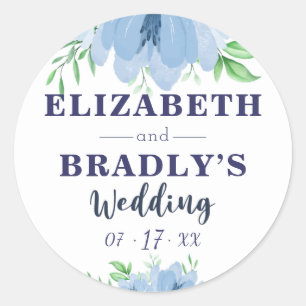 Watercolor Bloom Greenery Dusty Navy Blue Wedding  Classic Round Sticker