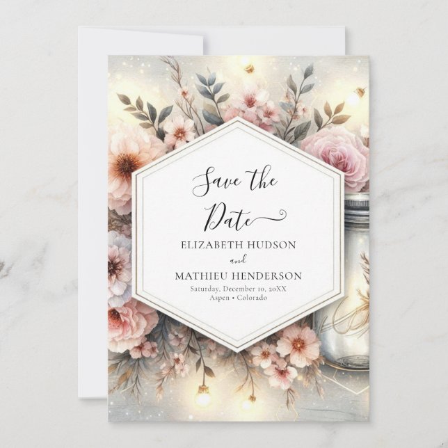 Watercolor Bloom Mason Jar Wedding Save The Date (Front)