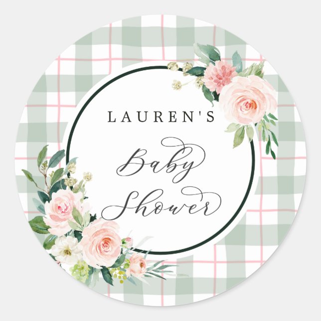 Watercolor Bloom | Pastel Plaid Baby Shower Classic Round Sticker (Front)