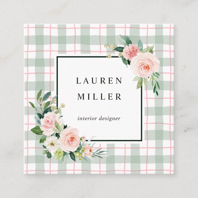 Watercolor Bloom | Pastel Plaid Square Business Card (Front)