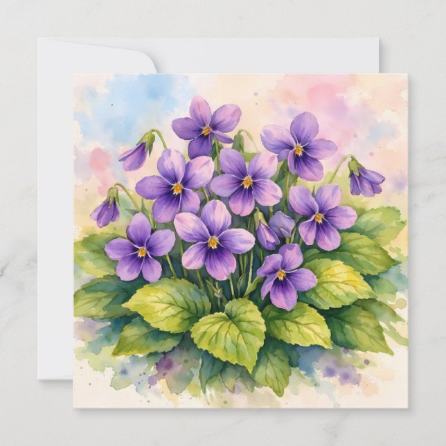 Watercolor Blooming Purple Violets  Card (Front)