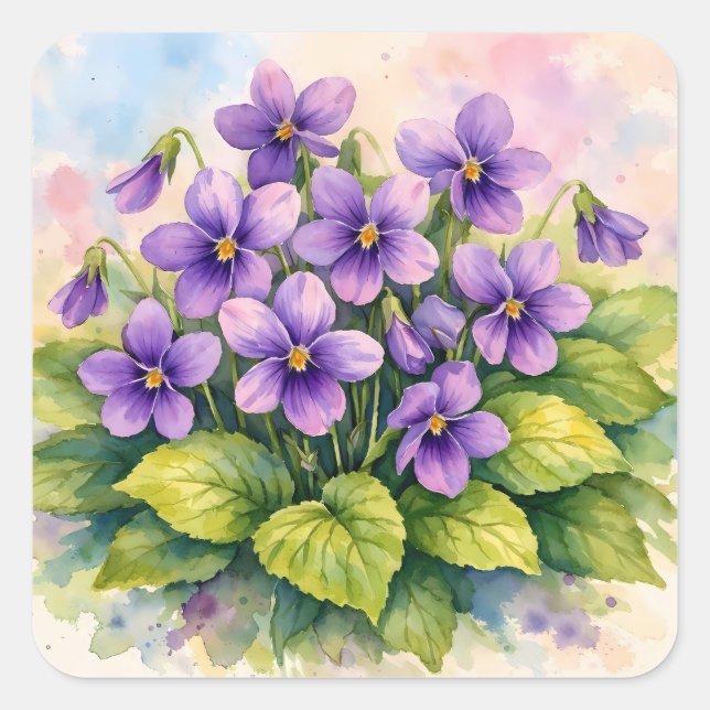 Watercolor Blooming Purple Violets  Square Sticker (Front)