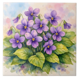 Watercolor Blooming Purple Violets  Tile