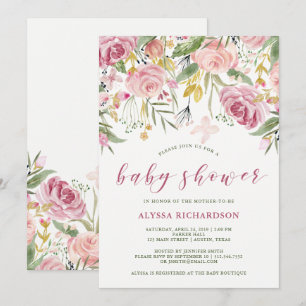 Watercolor Blooms Pink and Gold Floral Baby Shower Invitation