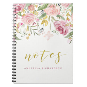 Watercolor Blooms Pink and Gold Floral Notes Notebook