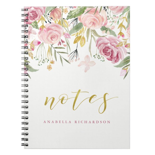 Watercolor Blooms | Pink and Gold Floral | Notes Notebook (Front)