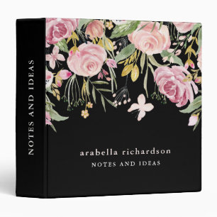 Watercolor Blooms Pink and Gold Floral on Black Binder