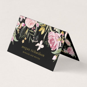 Watercolor Blooms   Pink and Gold Floral on Black Business Card