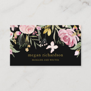 Watercolor Blooms   Pink and Gold Floral on Black Business Card