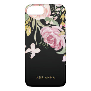 Watercolor Blooms   Pink and Gold Floral on Black Case-Mate iPhone Case