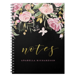 Watercolor Blooms Pink and Gold Floral on Black Notebook