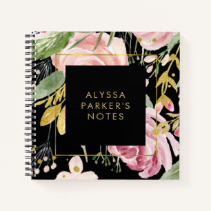 Watercolor Blooms Pink and Gold Floral on Black Notebook