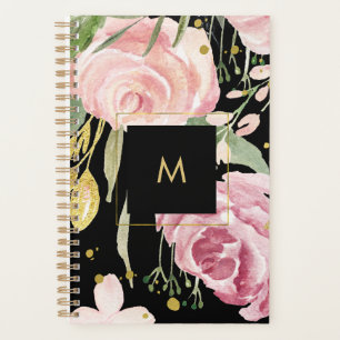 Watercolor Blooms Pink and Gold Floral on Black Planner