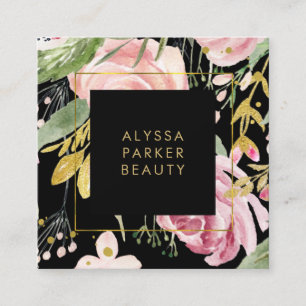 Watercolor Blooms   Pink and Gold Floral on Black Square Business Card